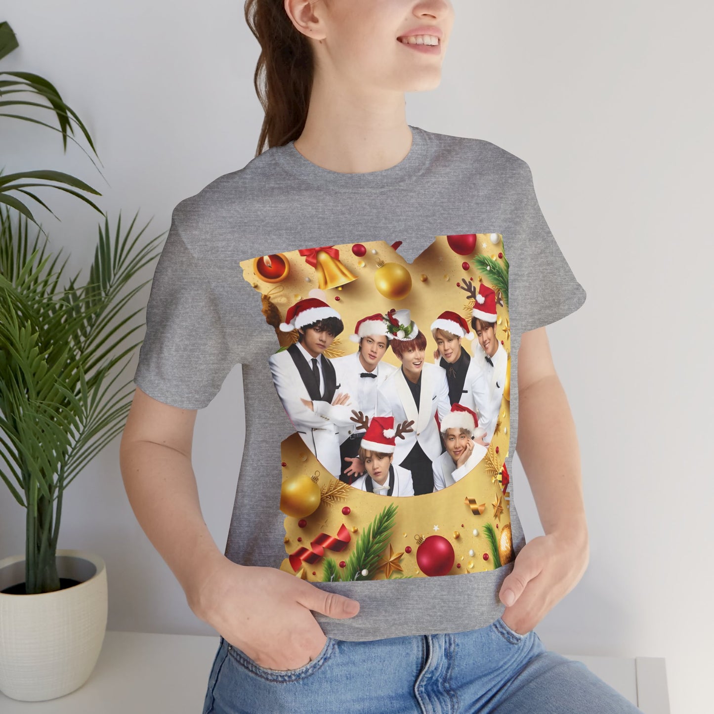 Christmas BTS Photo T‑Shirt — Holiday Santa Hat Group Design