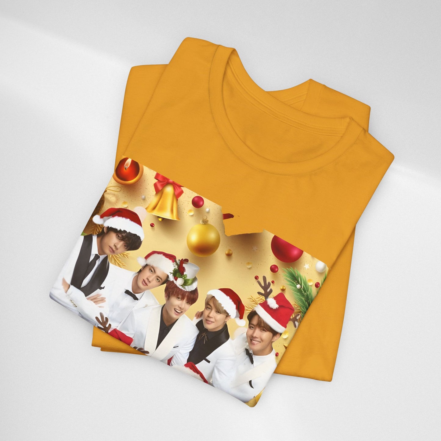 Christmas BTS Photo T‑Shirt — Holiday Santa Hat Group Design