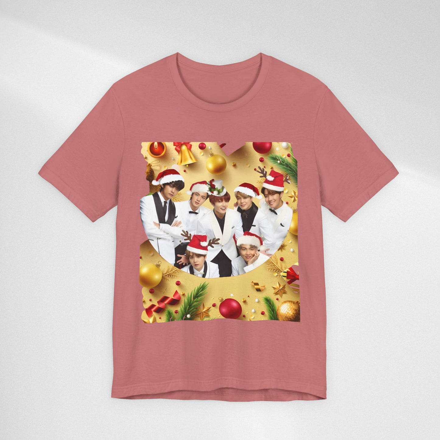 Christmas BTS Photo T‑Shirt — Holiday Santa Hat Group Design