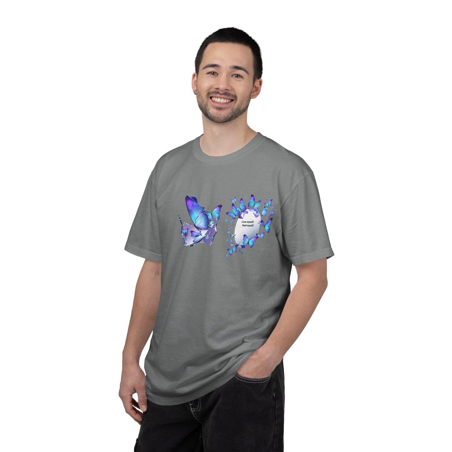 Butterfly Heart T-Shirt — Blue Watercolor Butterflies & "Everyone Deserves Love" Design