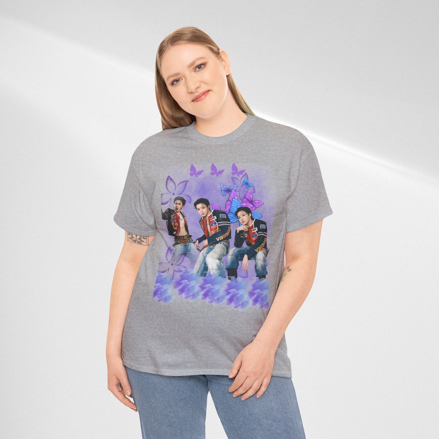 JHOPE Retro Pop Band Portrait Tee — Purple Butterfly Graphic T-Shirt