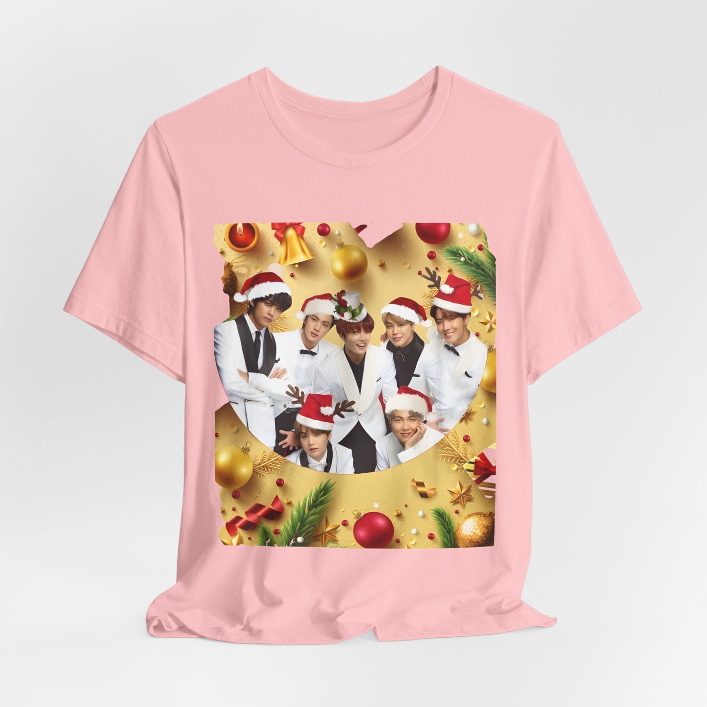 Christmas BTS Photo T‑Shirt — Holiday Santa Hat Group Design