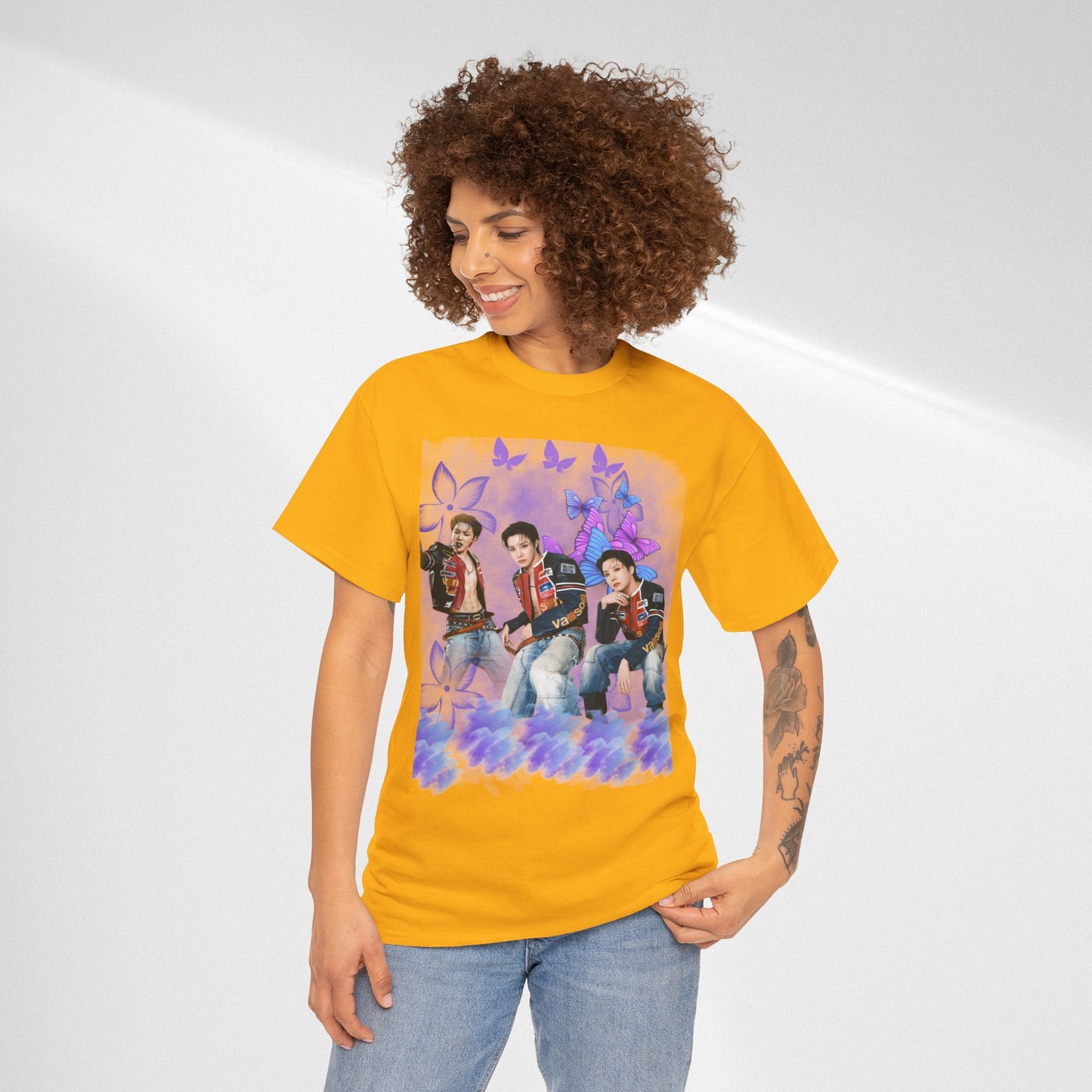 JHOPE Retro Pop Band Portrait Tee — Purple Butterfly Graphic T-Shirt