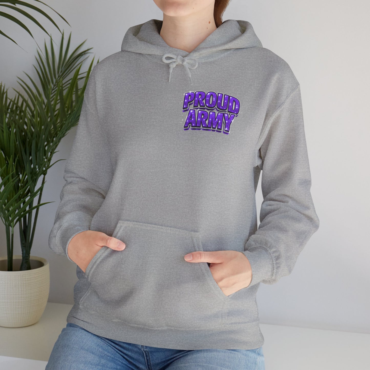 Proud Army Hoodie — Bold Purple Text Military Support Pullover