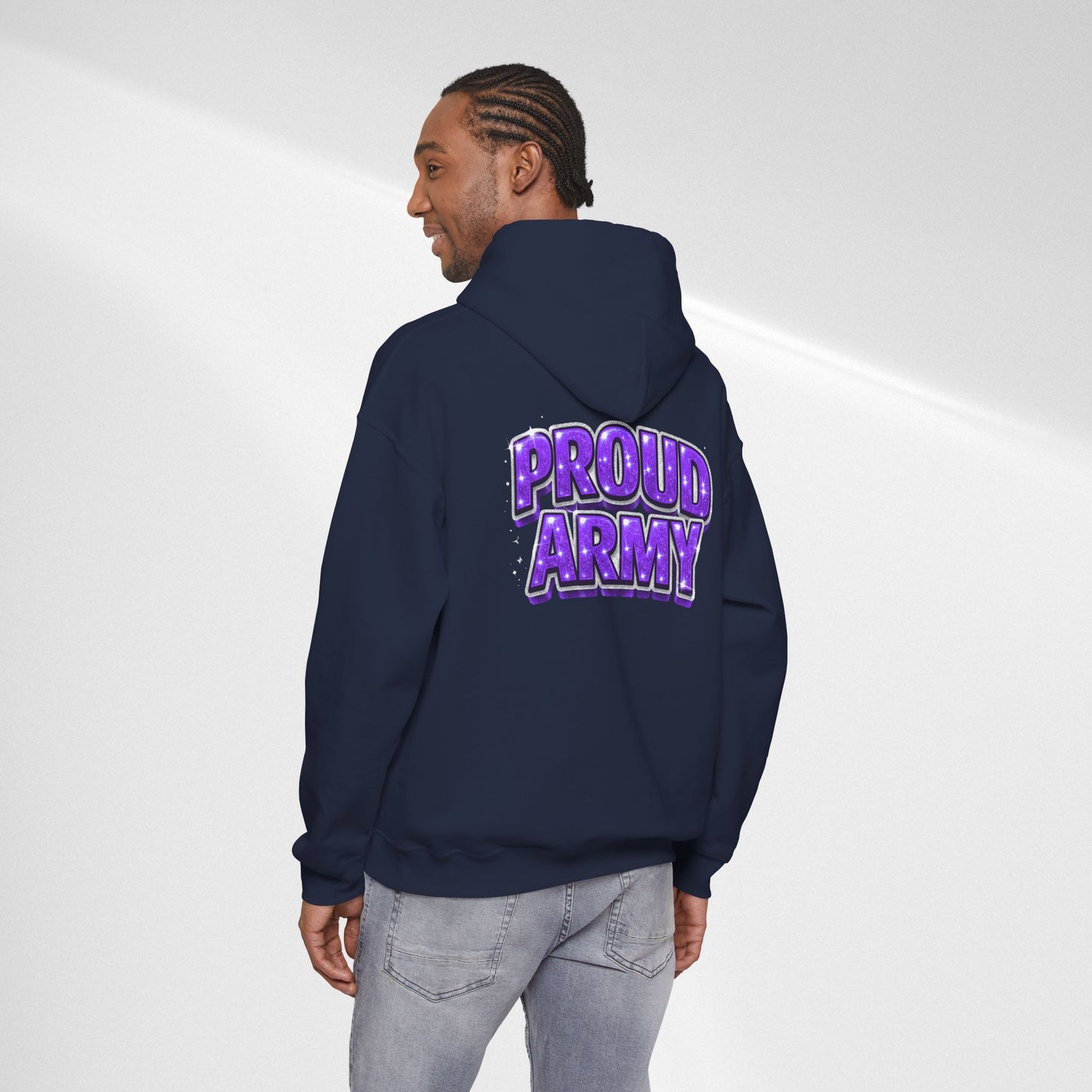 Proud Army Hoodie — Bold Purple Text Military Support Pullover