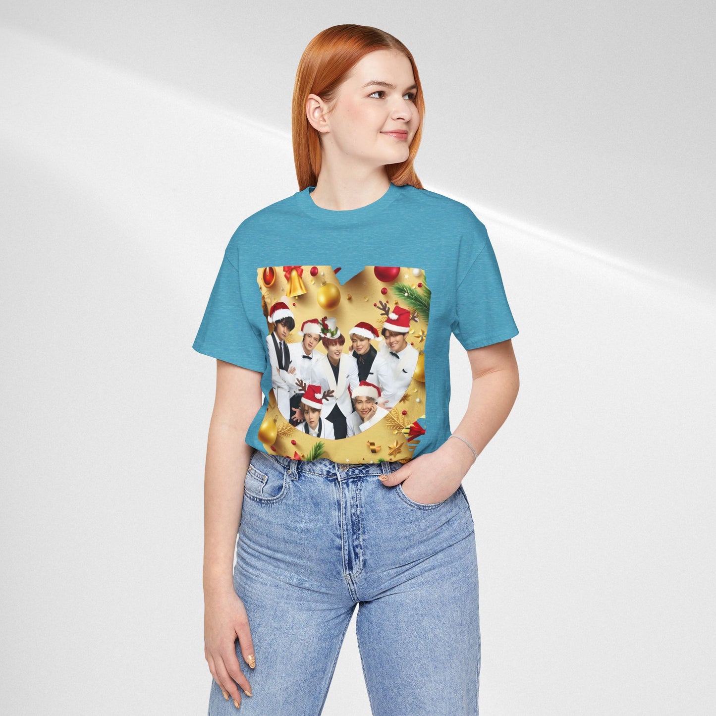 Christmas BTS Photo T‑Shirt — Holiday Santa Hat Group Design