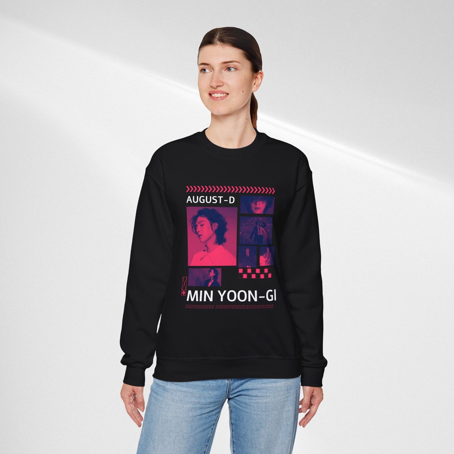 Graphic Crewneck Sweatshirt — 'MIN YOON-GI' Neon Photo Collage