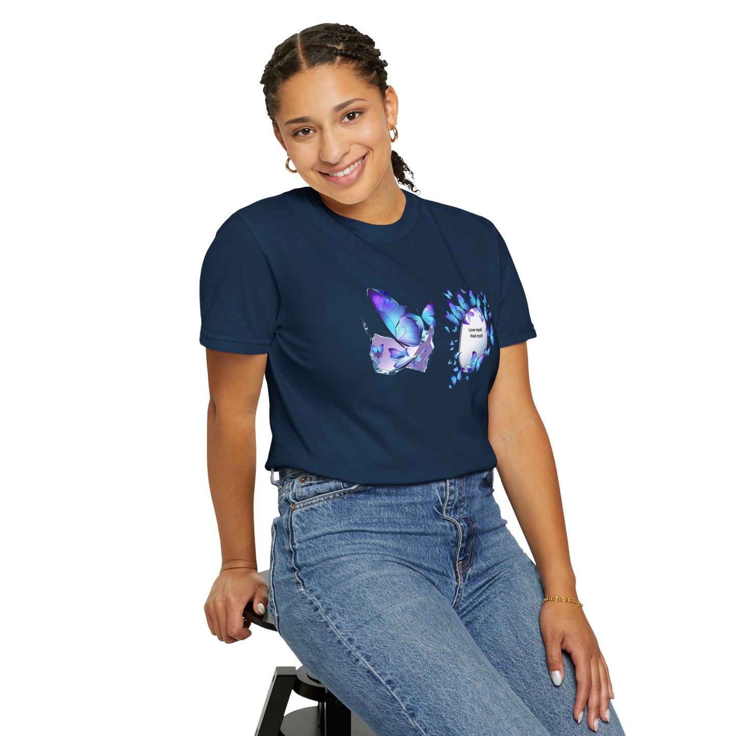 Butterfly Heart T-Shirt — Blue Watercolor Butterflies & "Everyone Deserves Love" Design