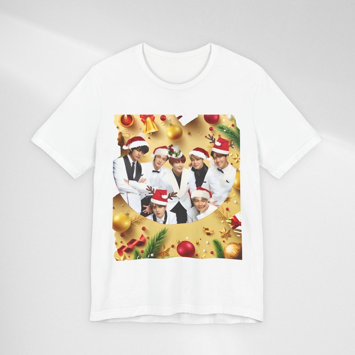 Christmas BTS Photo T‑Shirt — Holiday Santa Hat Group Design