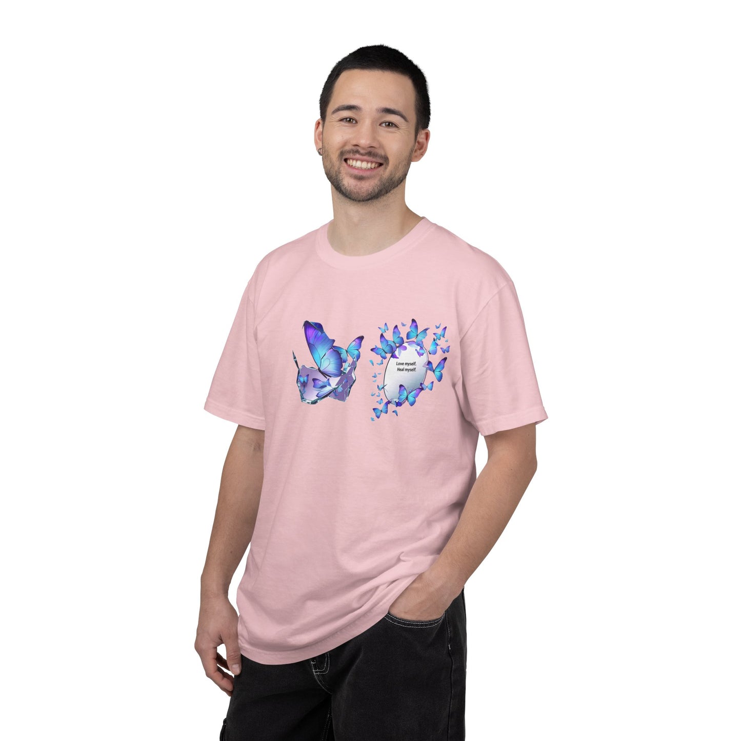 Butterfly Heart T-Shirt — Blue Watercolor Butterflies & "Everyone Deserves Love" Design