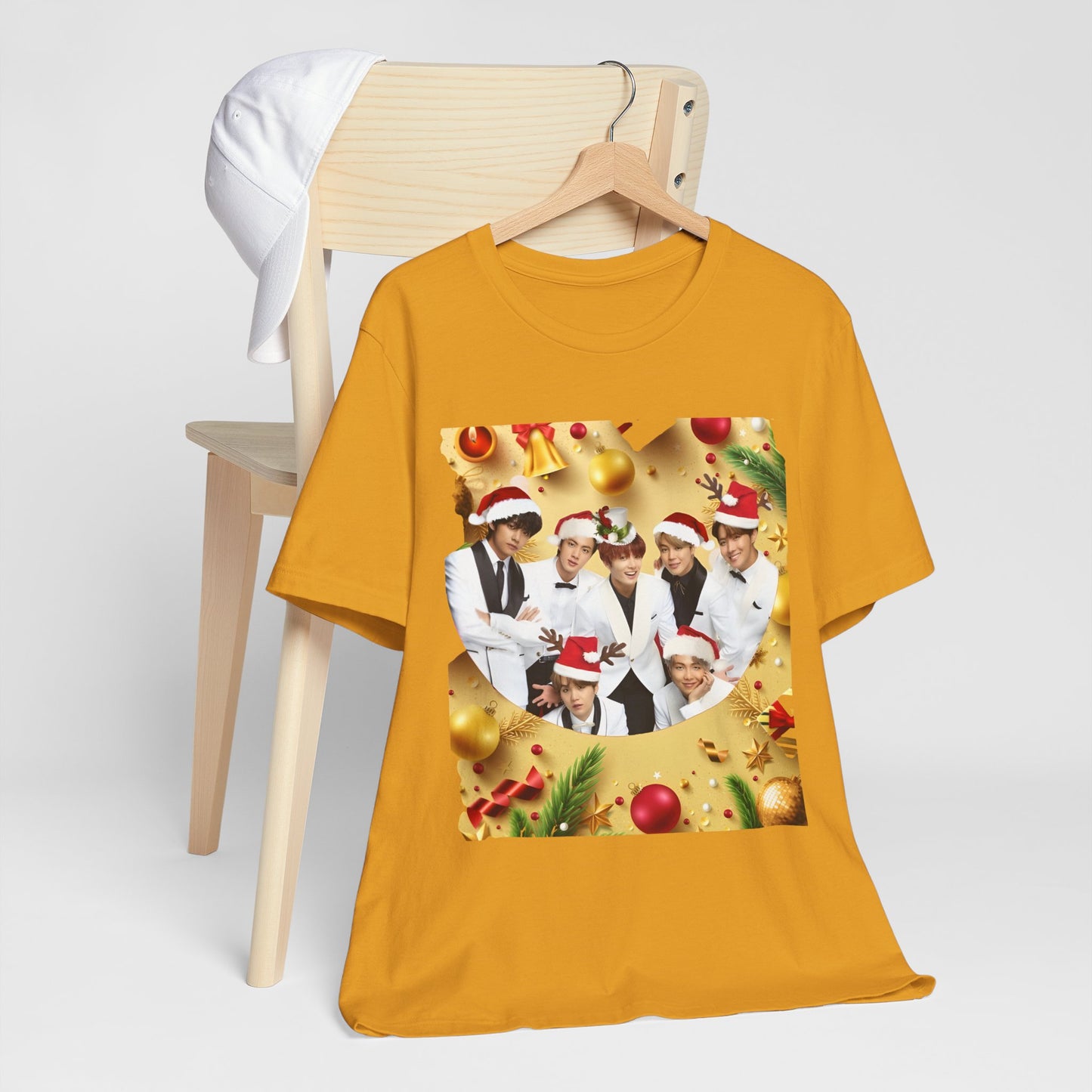 Christmas BTS Photo T‑Shirt — Holiday Santa Hat Group Design