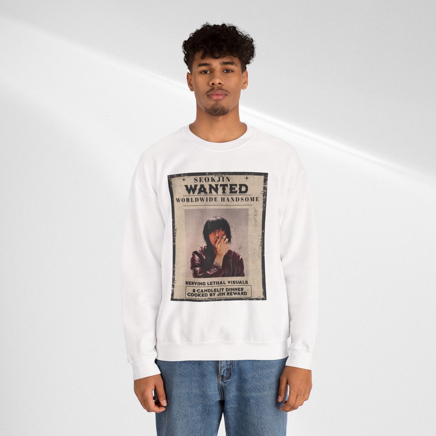 Wanted Poster Crewneck Sweatshirt — "Seokjin Wanted: Worldwide Handsome" Vintage K-pop Pullover