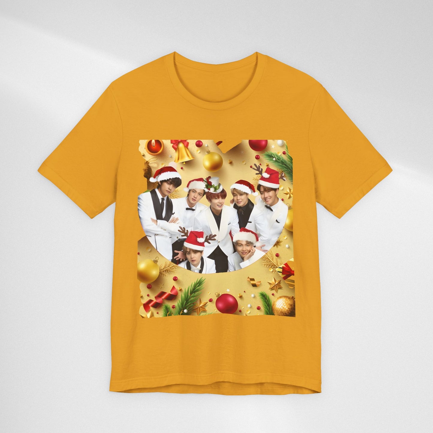 Christmas BTS Photo T‑Shirt — Holiday Santa Hat Group Design