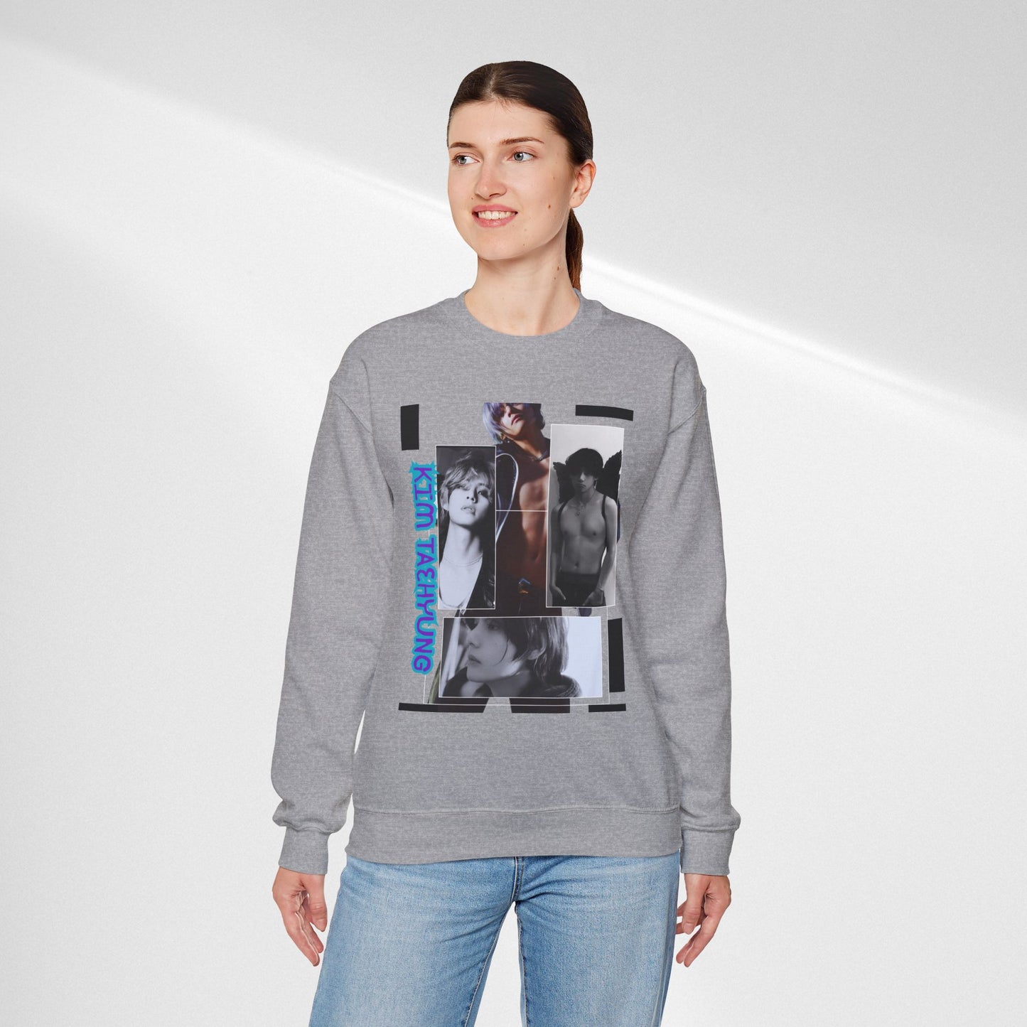Collage Photo Crewneck Sweatshirt — Retro Portraits with Blue 'KPOP TAEHYUNG' Text