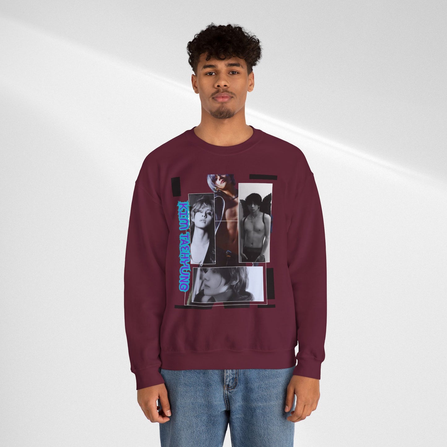 Collage Photo Crewneck Sweatshirt — Retro Portraits with Blue 'KPOP TAEHYUNG' Text