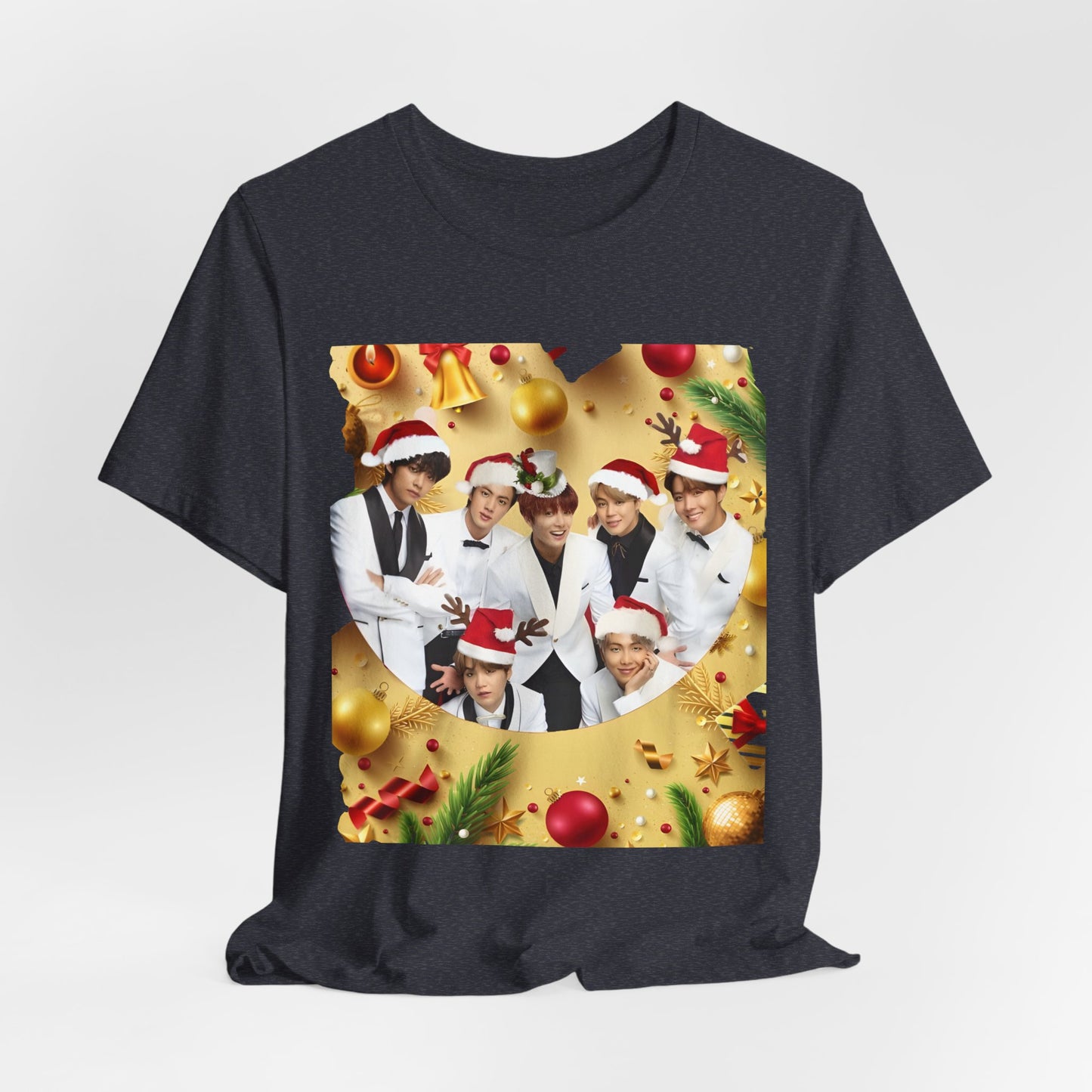Christmas BTS Photo T‑Shirt — Holiday Santa Hat Group Design