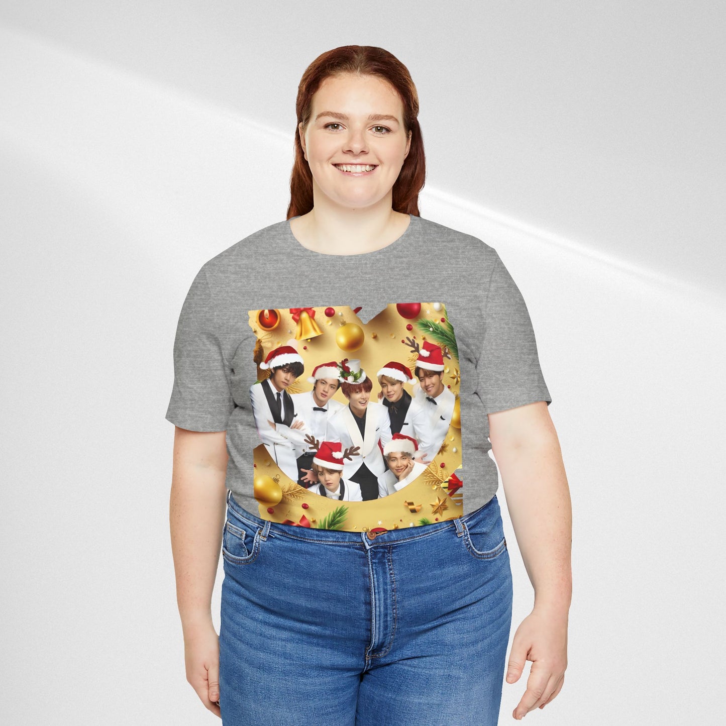 Christmas BTS Photo T‑Shirt — Holiday Santa Hat Group Design
