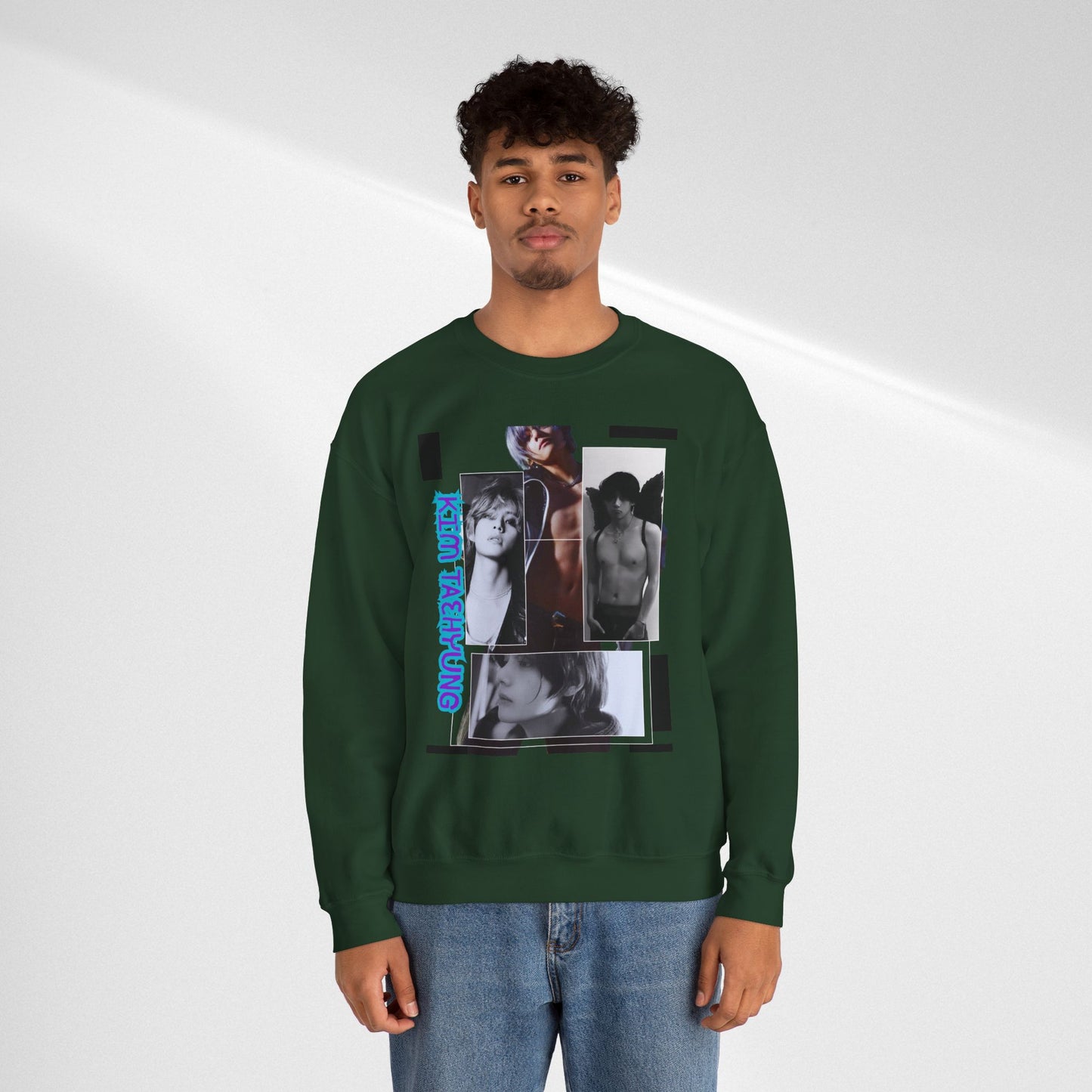 Collage Photo Crewneck Sweatshirt — Retro Portraits with Blue 'KPOP TAEHYUNG' Text