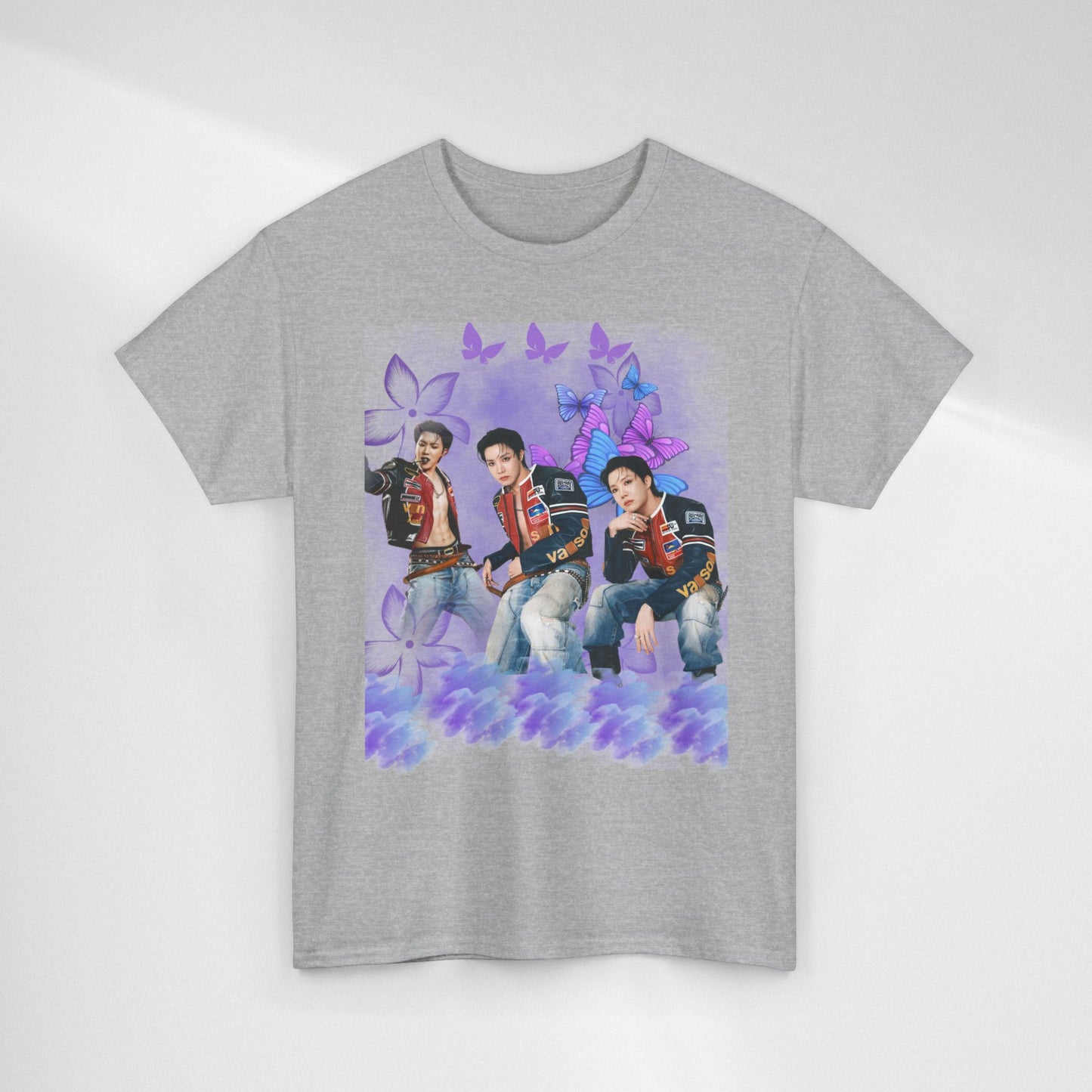 JHOPE Retro Pop Band Portrait Tee — Purple Butterfly Graphic T-Shirt