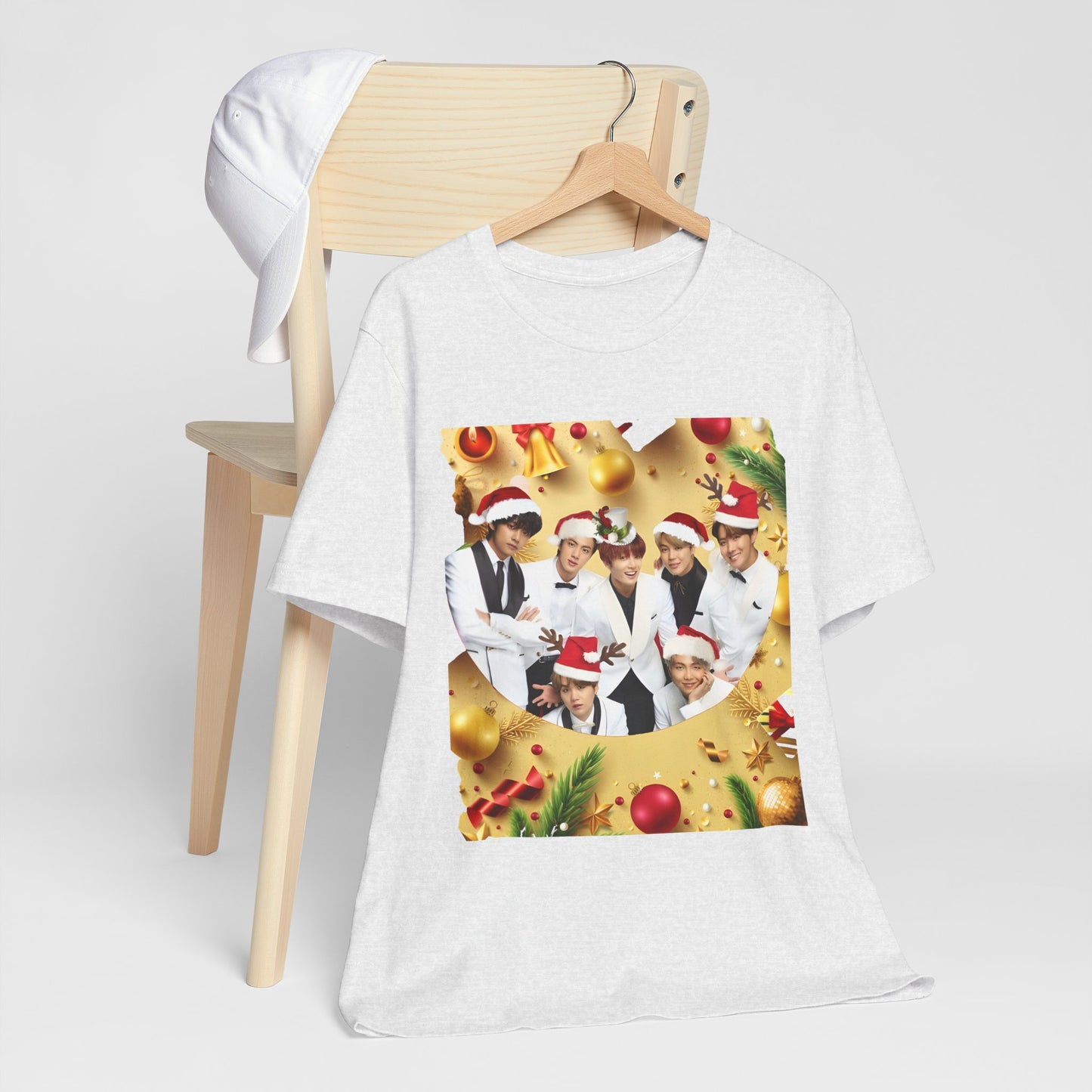 Christmas BTS Photo T‑Shirt — Holiday Santa Hat Group Design