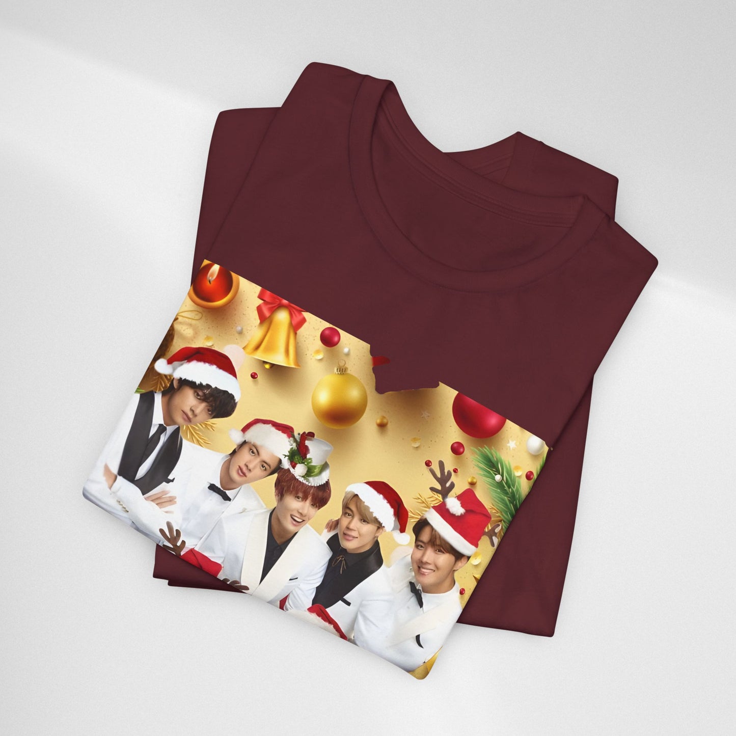 Christmas BTS Photo T‑Shirt — Holiday Santa Hat Group Design