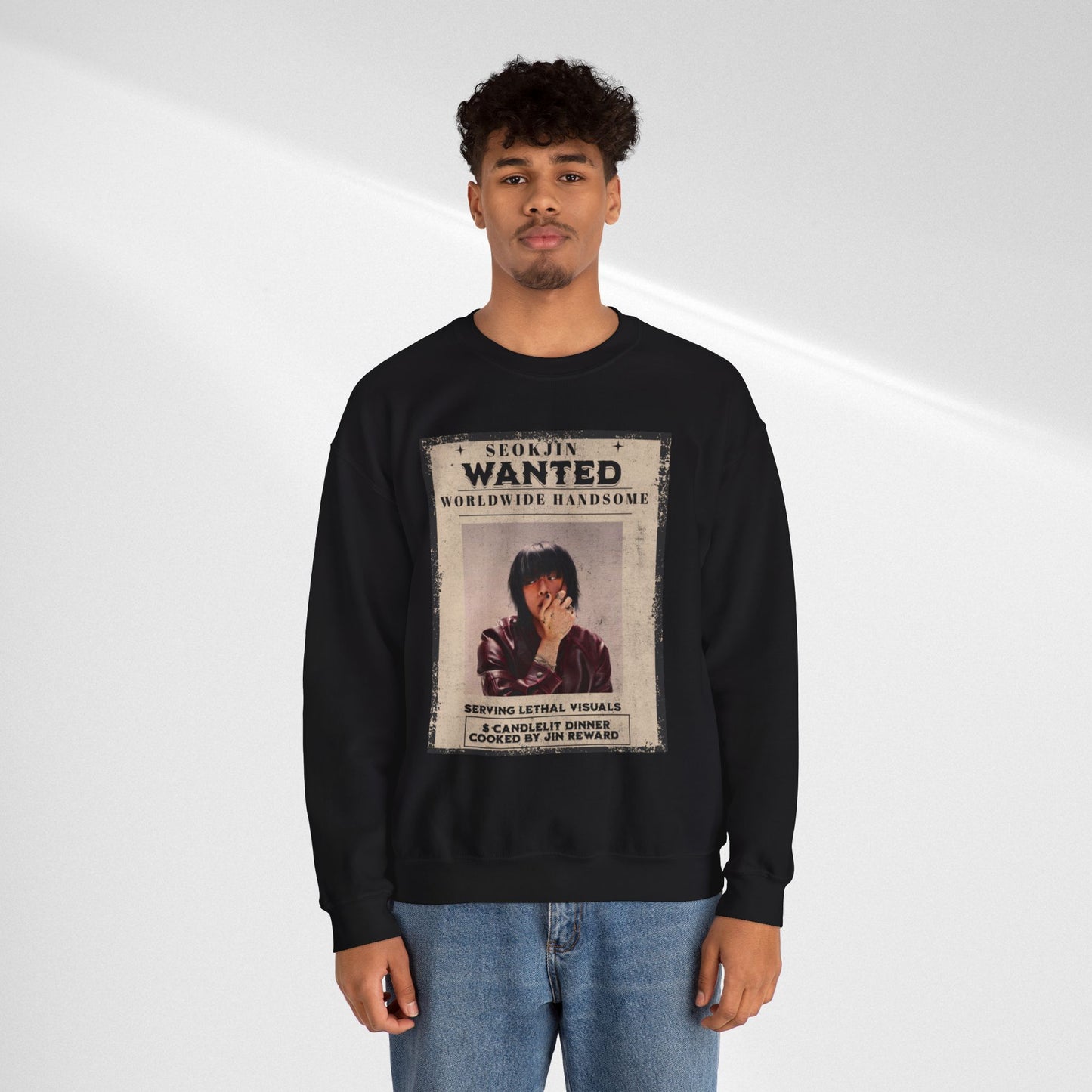 Wanted Poster Crewneck Sweatshirt — "Seokjin Wanted: Worldwide Handsome" Vintage K-pop Pullover