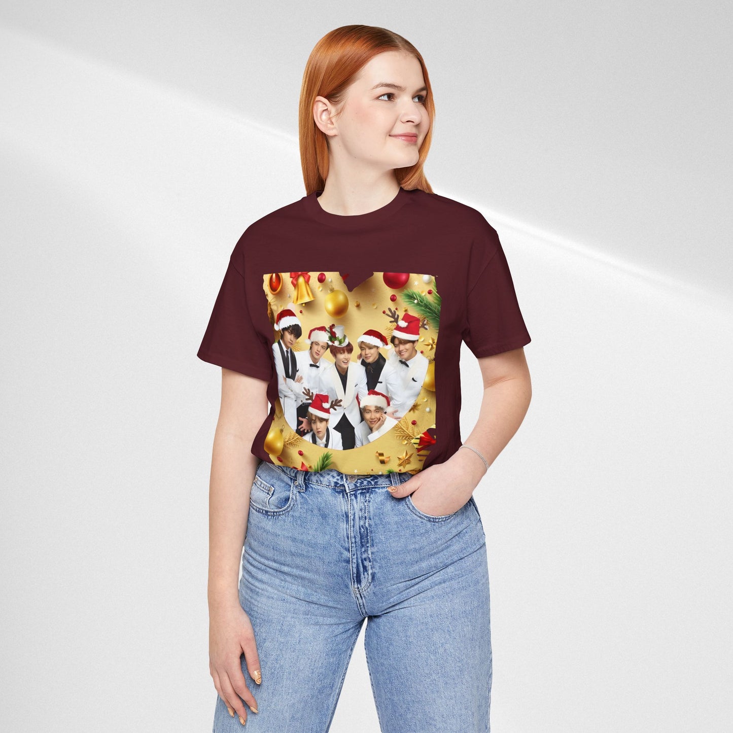 Christmas BTS Photo T‑Shirt — Holiday Santa Hat Group Design