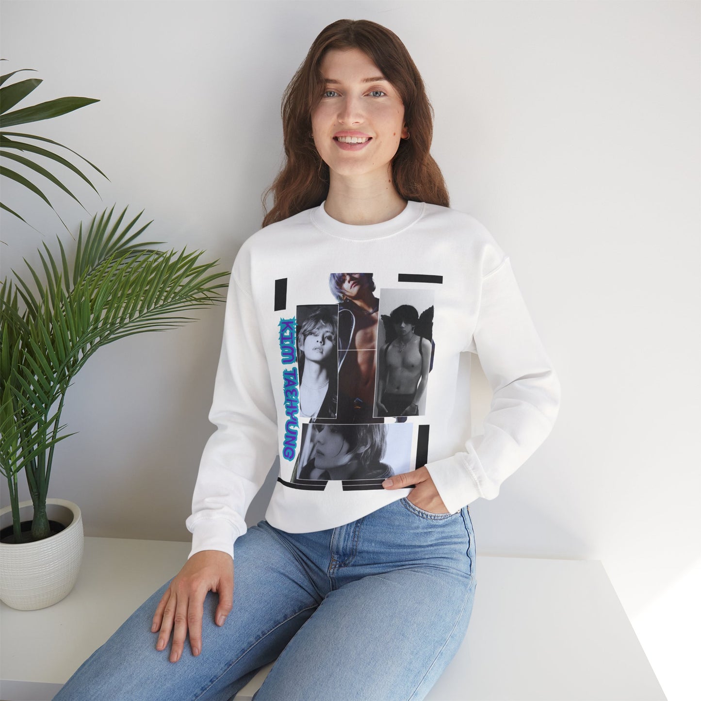 Collage Photo Crewneck Sweatshirt — Retro Portraits with Blue 'KPOP TAEHYUNG' Text