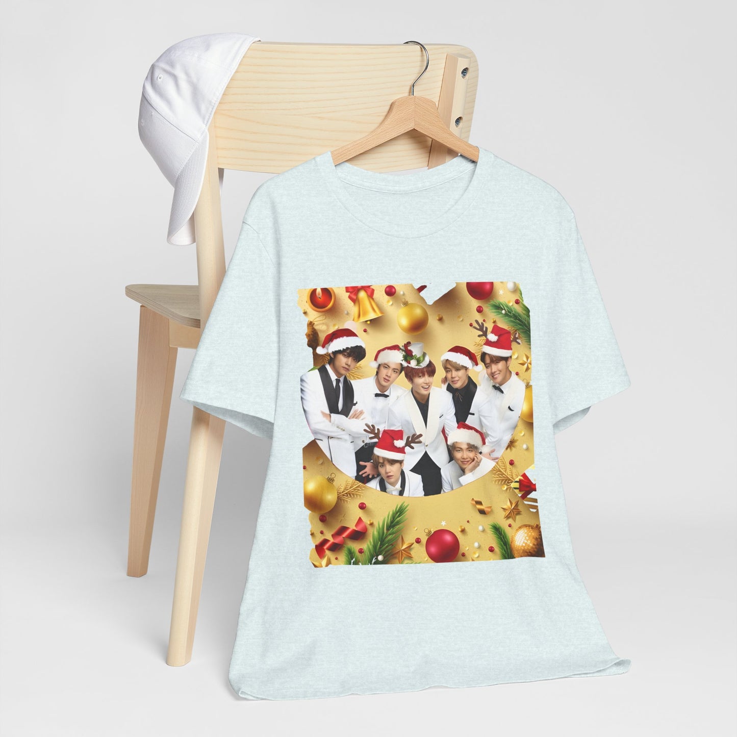 Christmas BTS Photo T‑Shirt — Holiday Santa Hat Group Design