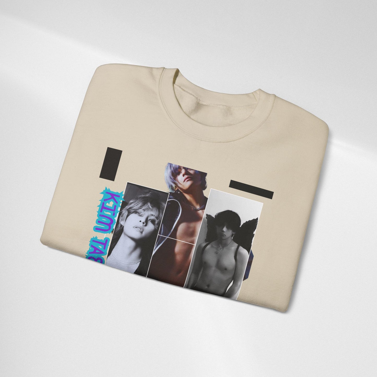 Collage Photo Crewneck Sweatshirt — Retro Portraits with Blue 'KPOP TAEHYUNG' Text