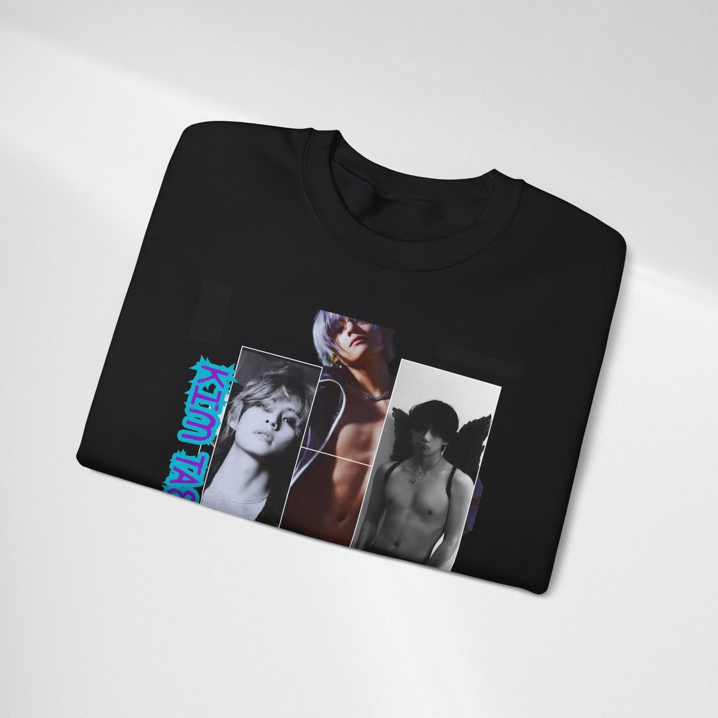 Collage Photo Crewneck Sweatshirt — Retro Portraits with Blue 'KPOP TAEHYUNG' Text
