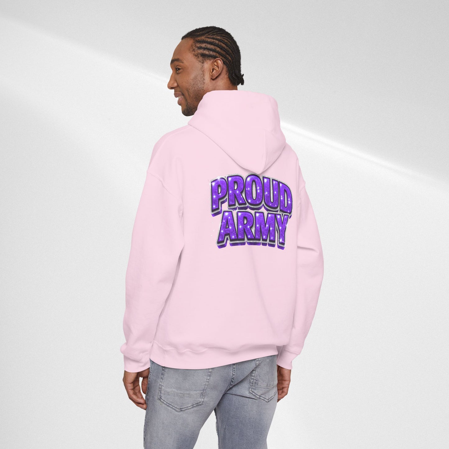 Proud Army Hoodie — Bold Purple Text Military Support Pullover