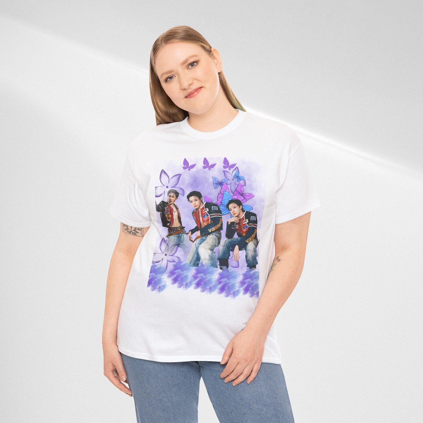 JHOPE Retro Pop Band Portrait Tee — Purple Butterfly Graphic T-Shirt