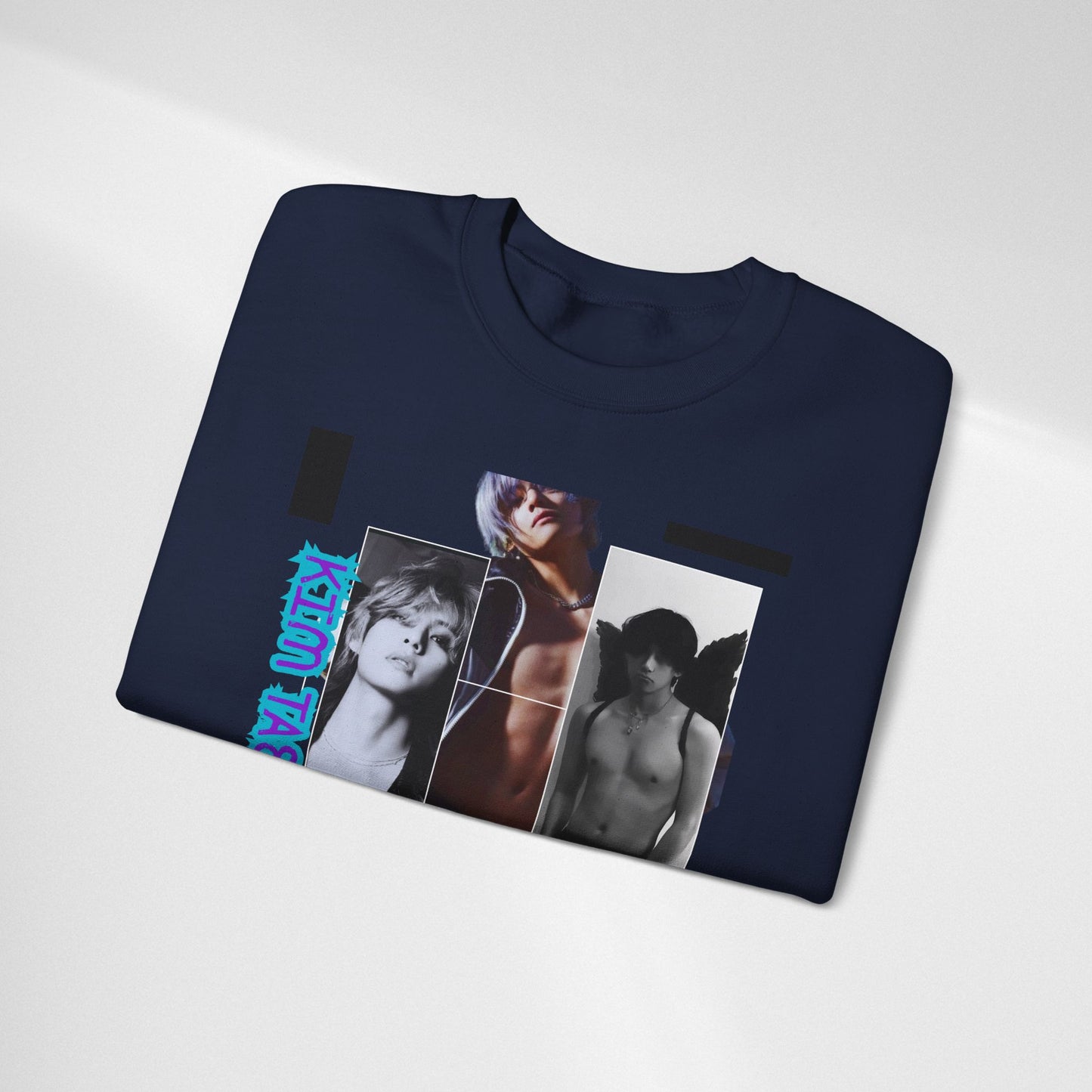 Collage Photo Crewneck Sweatshirt — Retro Portraits with Blue 'KPOP TAEHYUNG' Text