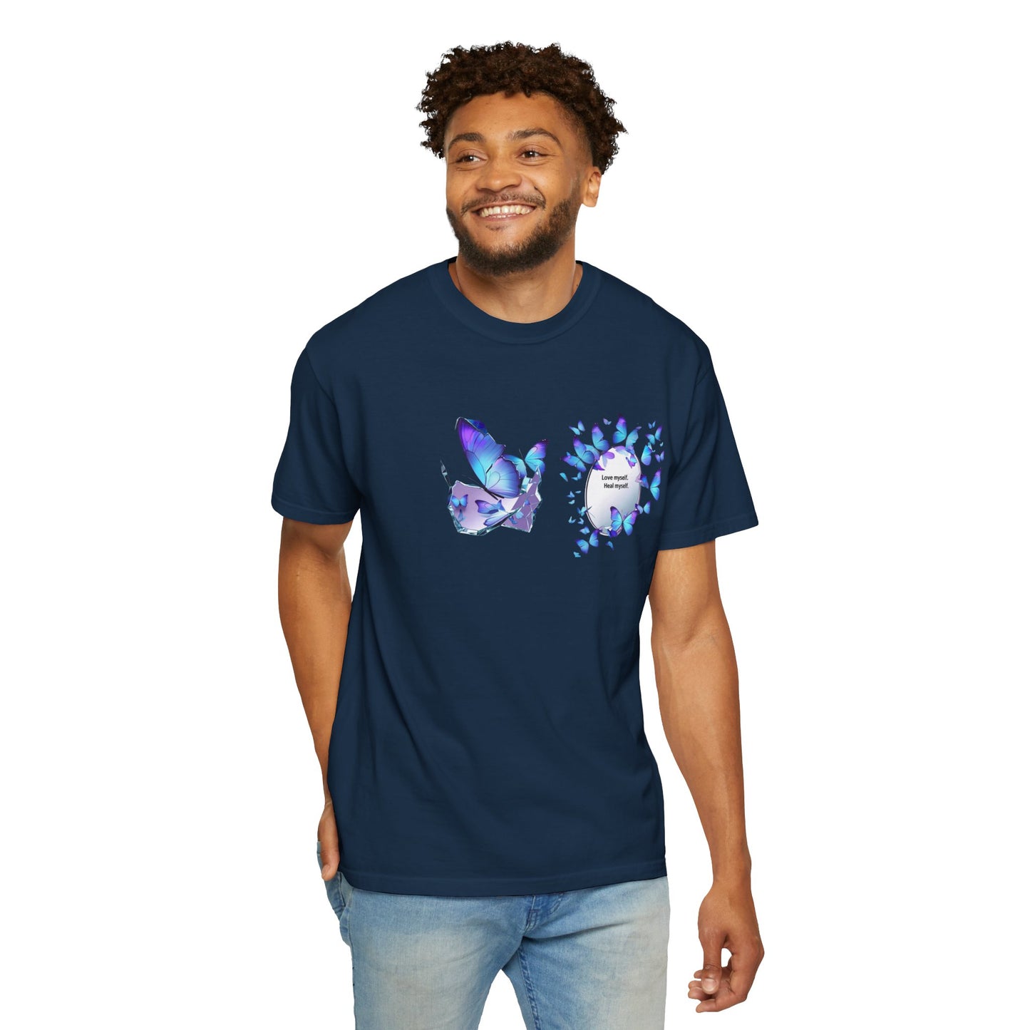 Butterfly Heart T-Shirt — Blue Watercolor Butterflies & "Everyone Deserves Love" Design