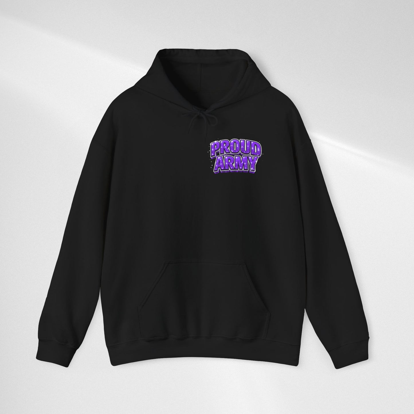 Proud Army Hoodie — Bold Purple Text Military Support Pullover