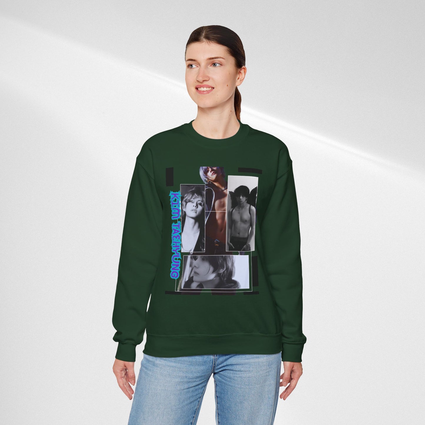 Collage Photo Crewneck Sweatshirt — Retro Portraits with Blue 'KPOP TAEHYUNG' Text
