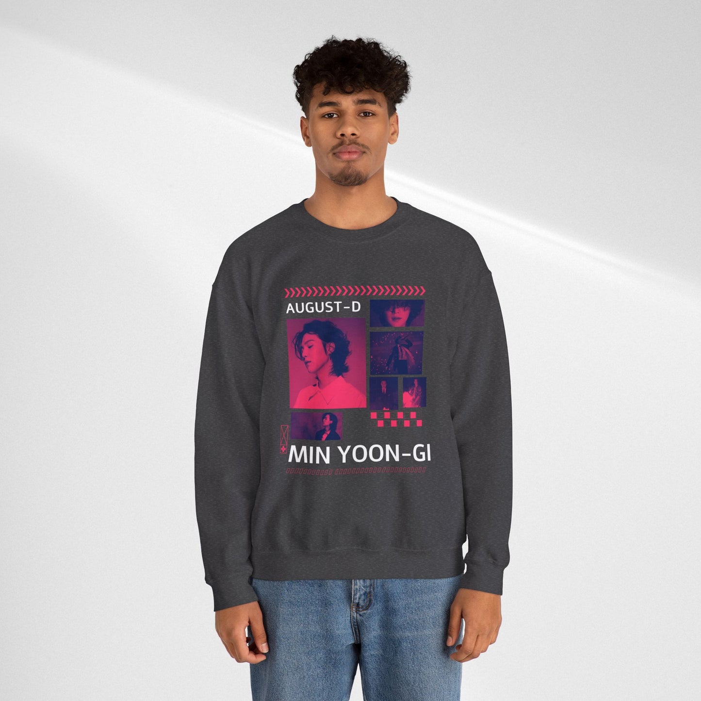 Graphic Crewneck Sweatshirt — 'MIN YOON-GI' Neon Photo Collage