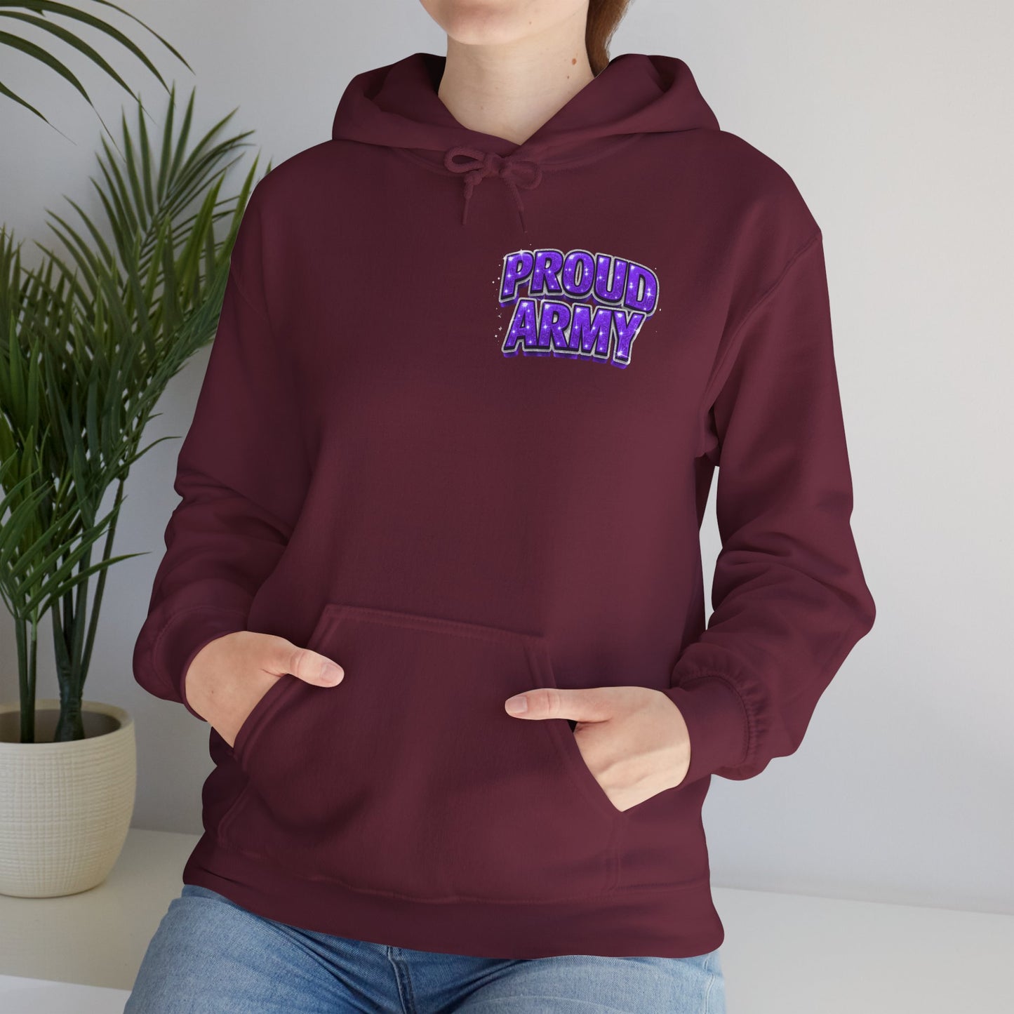 Proud Army Hoodie — Bold Purple Text Military Support Pullover