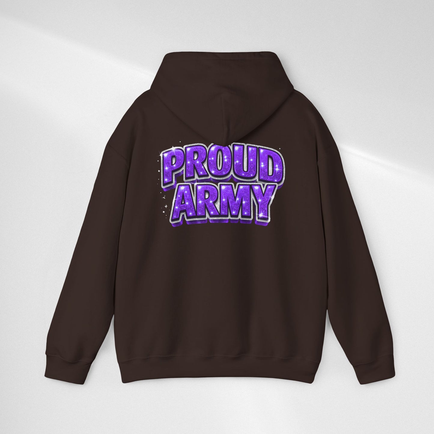 Proud Army Hoodie — Bold Purple Text Military Support Pullover