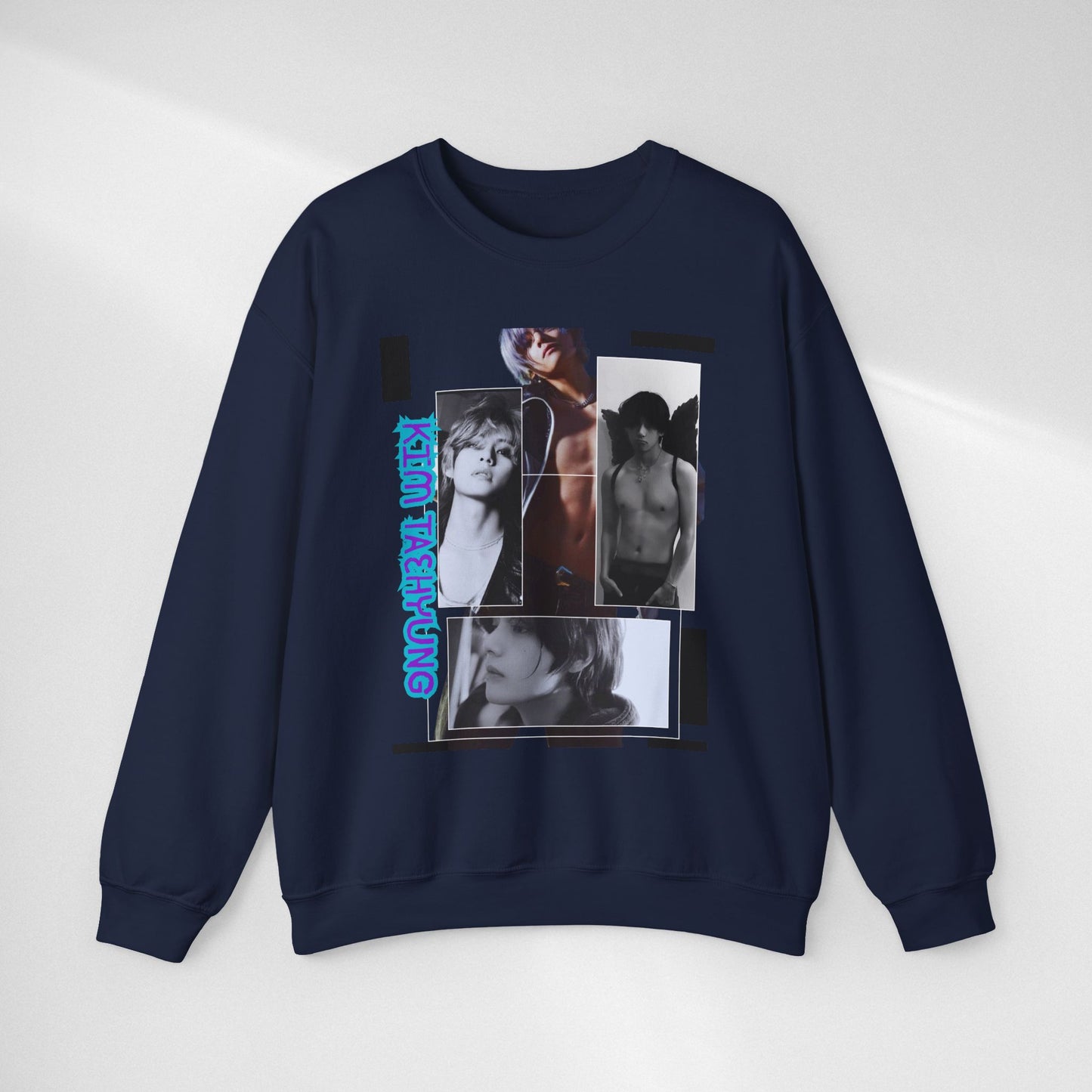 Collage Photo Crewneck Sweatshirt — Retro Portraits with Blue 'KPOP TAEHYUNG' Text