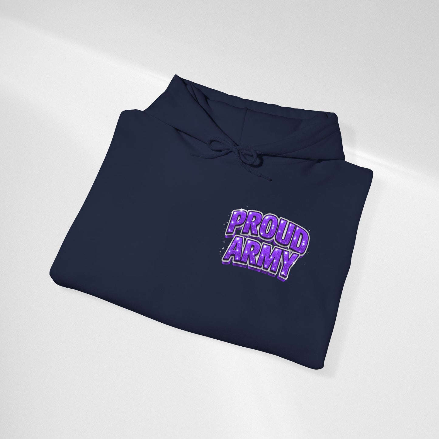 Proud Army Hoodie — Bold Purple Text Military Support Pullover