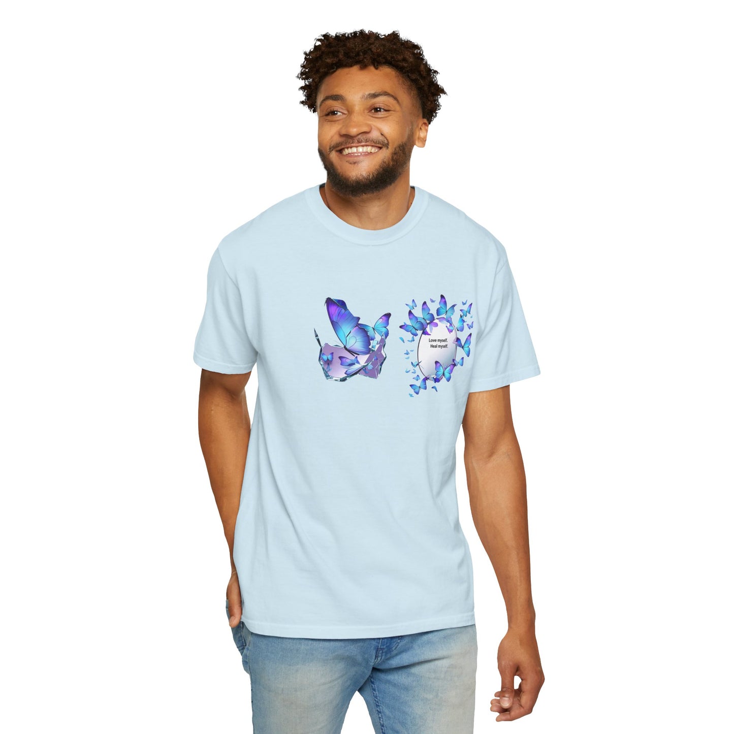 Butterfly Heart T-Shirt — Blue Watercolor Butterflies & "Everyone Deserves Love" Design