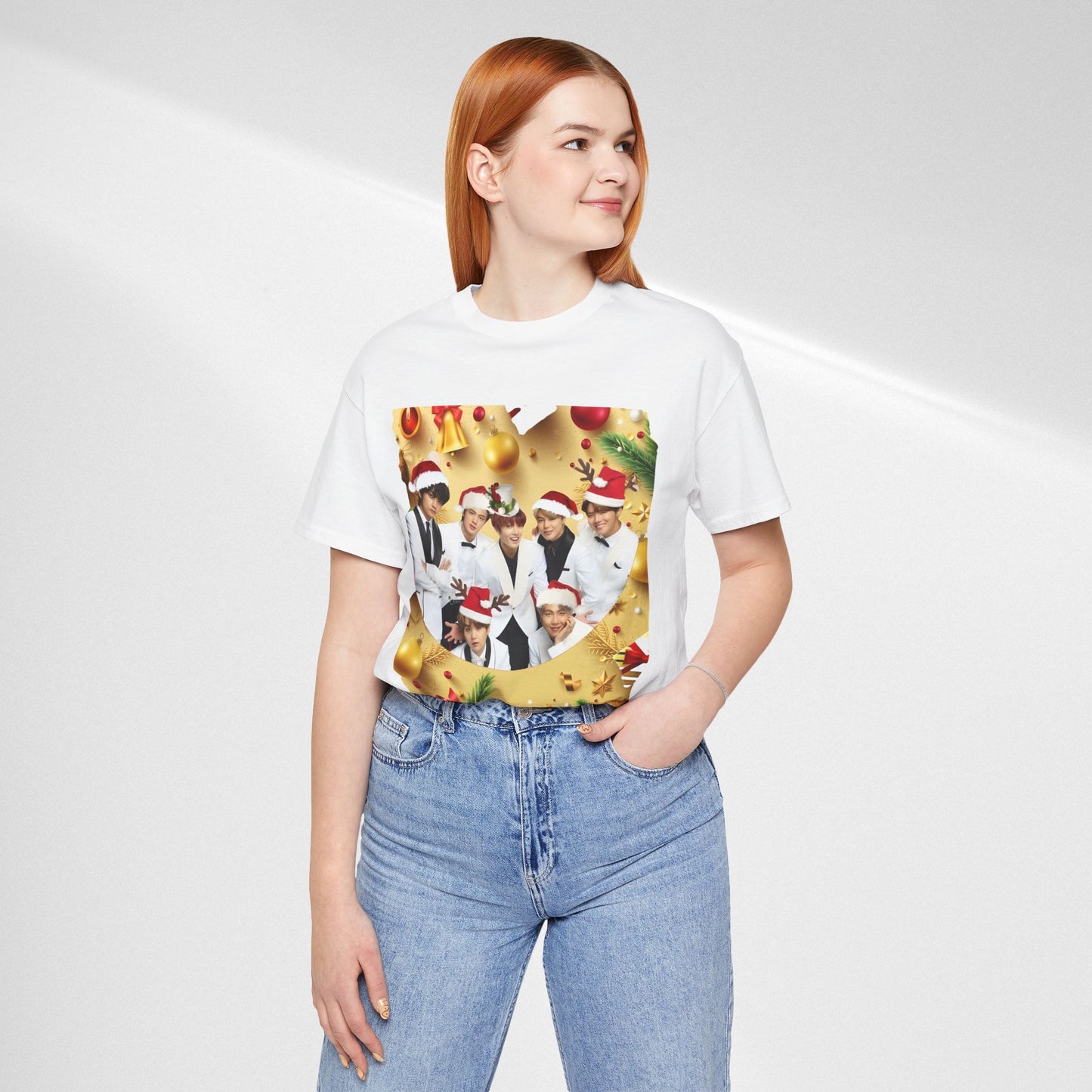 Christmas BTS Photo T‑Shirt — Holiday Santa Hat Group Design