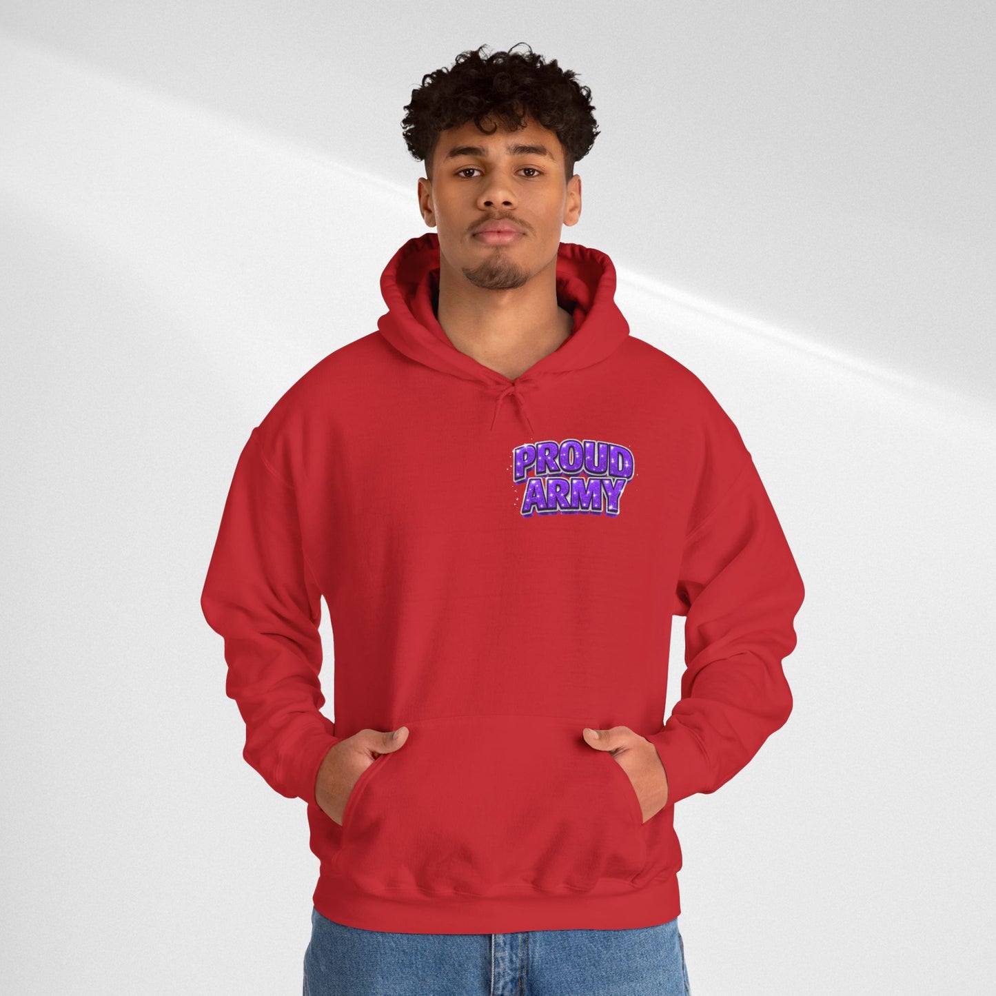 Proud Army Hoodie — Bold Purple Text Military Support Pullover