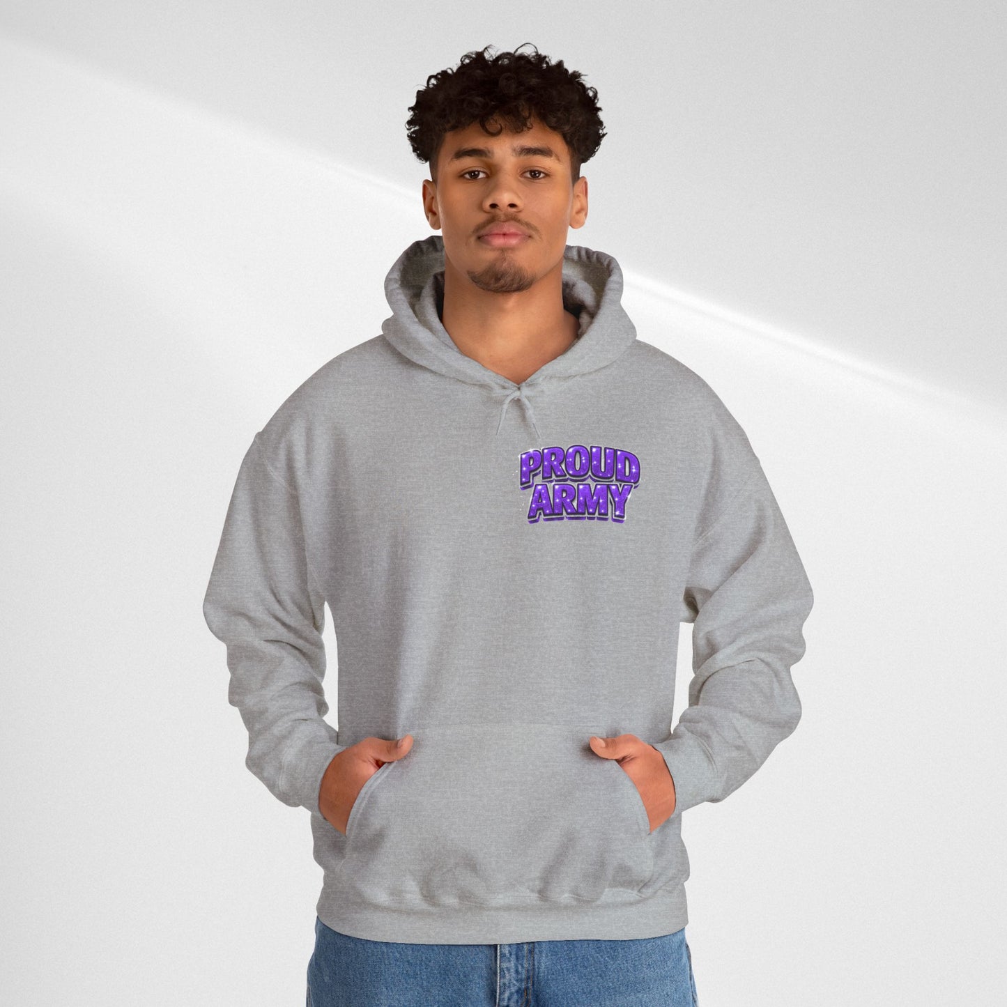 Proud Army Hoodie — Bold Purple Text Military Support Pullover