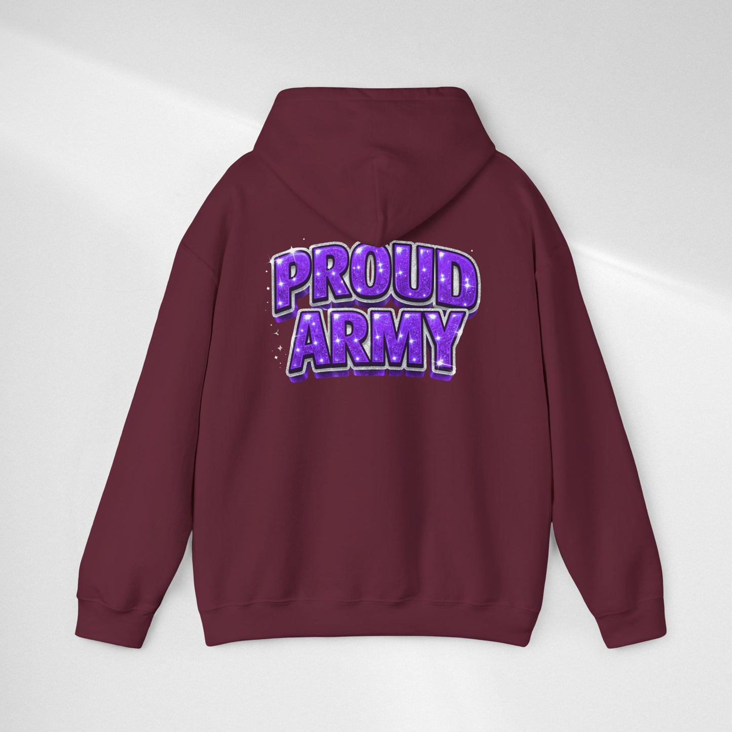 Proud Army Hoodie — Bold Purple Text Military Support Pullover