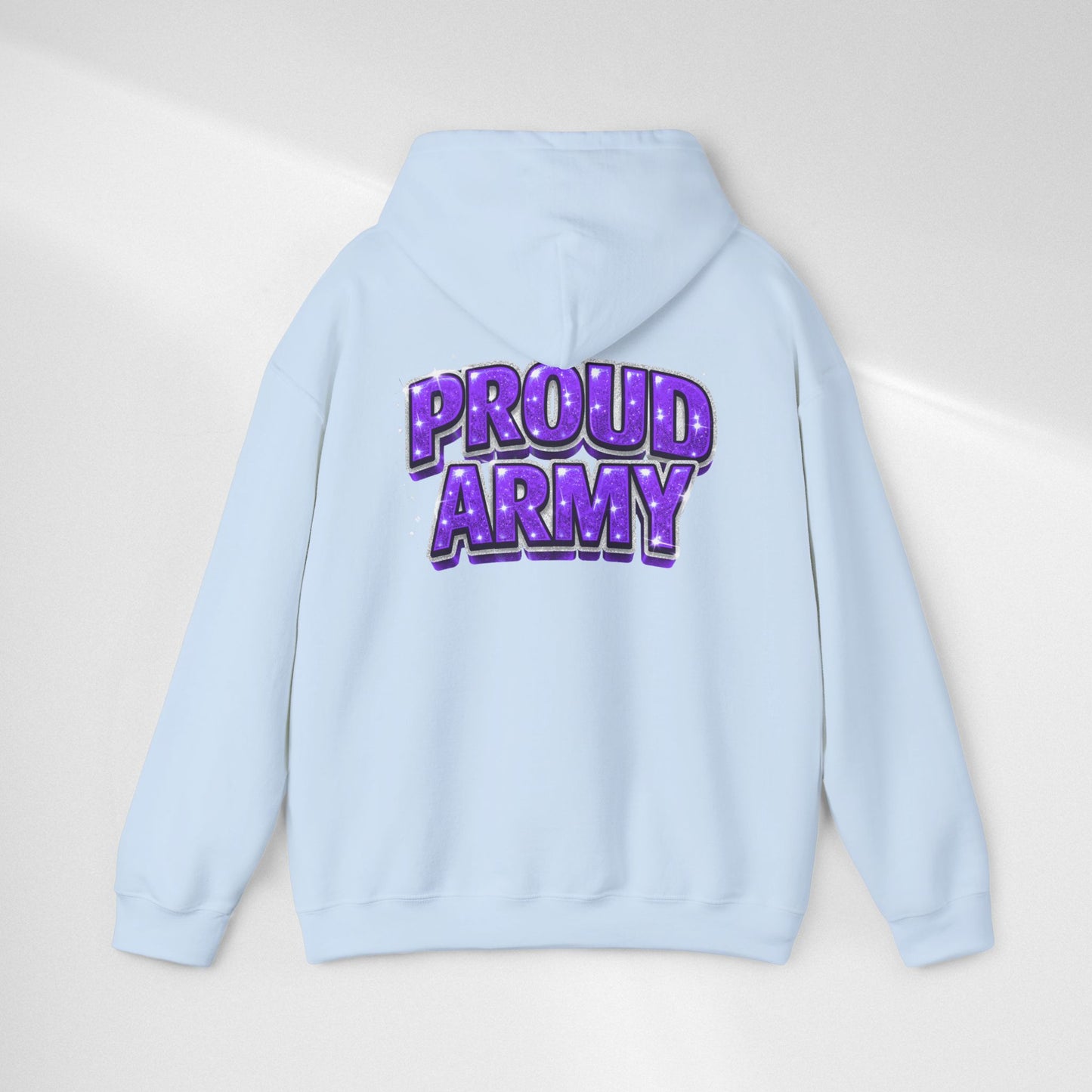Proud Army Hoodie — Bold Purple Text Military Support Pullover