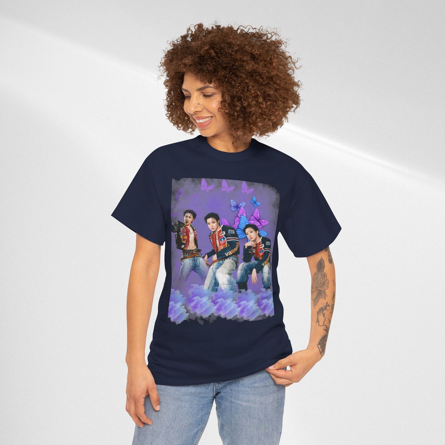 JHOPE Retro Pop Band Portrait Tee — Purple Butterfly Graphic T-Shirt