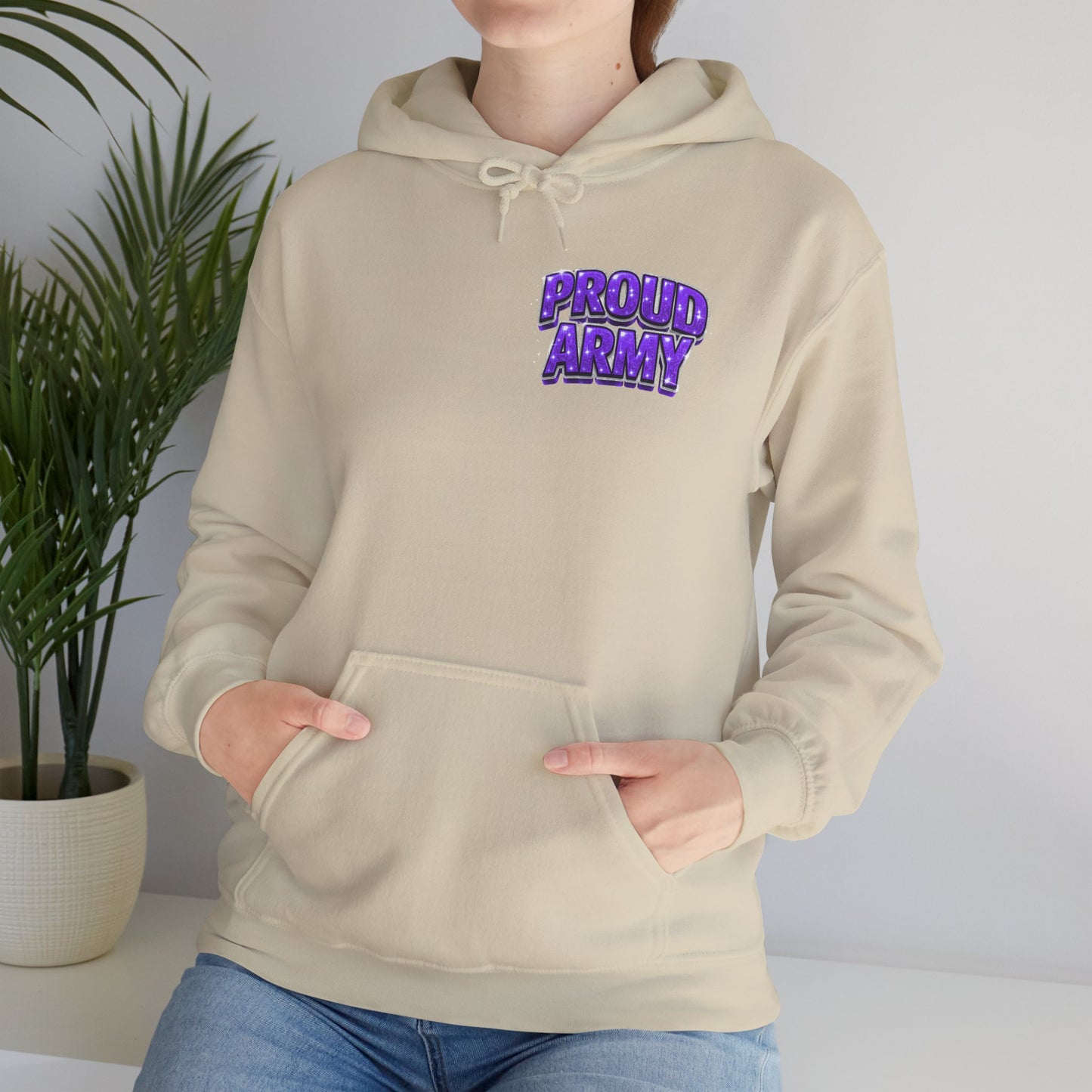 Proud Army Hoodie — Bold Purple Text Military Support Pullover